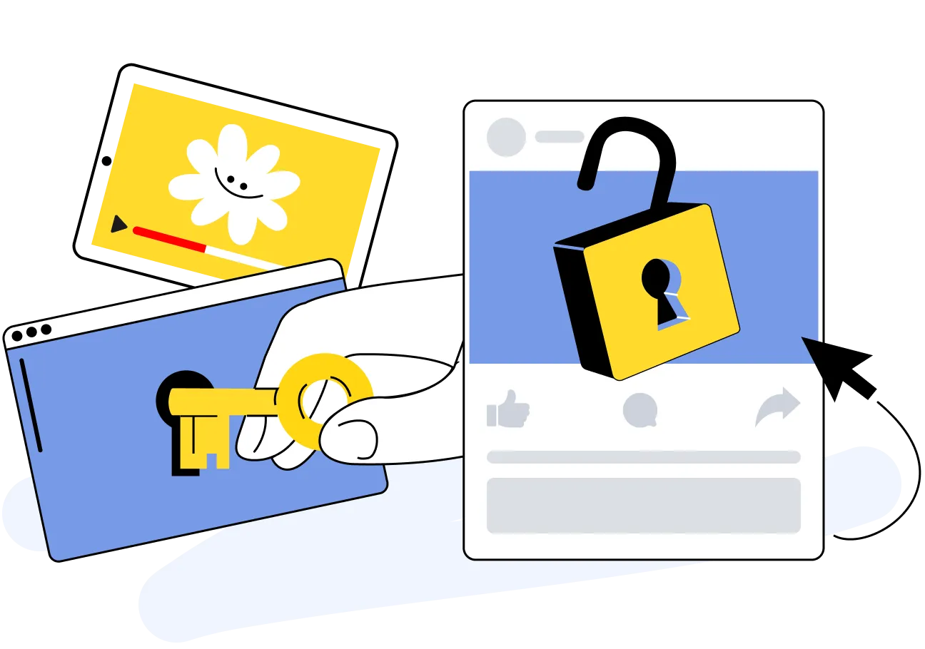 Illustration of a padlock and key on a web browser, with icons of blocked apps and media