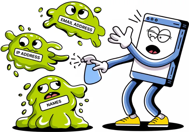 Illustration of a cartoonish browser character fighting off slimy creatures that symbolize email addresses, IP addresses, and other personal data