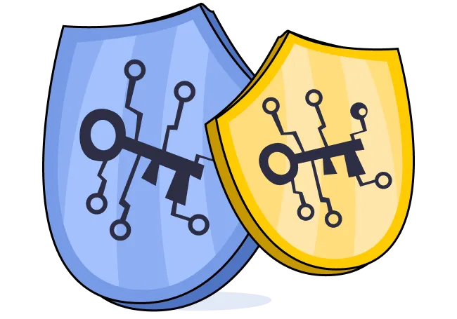 Illustration of two shields, each with a key symbol